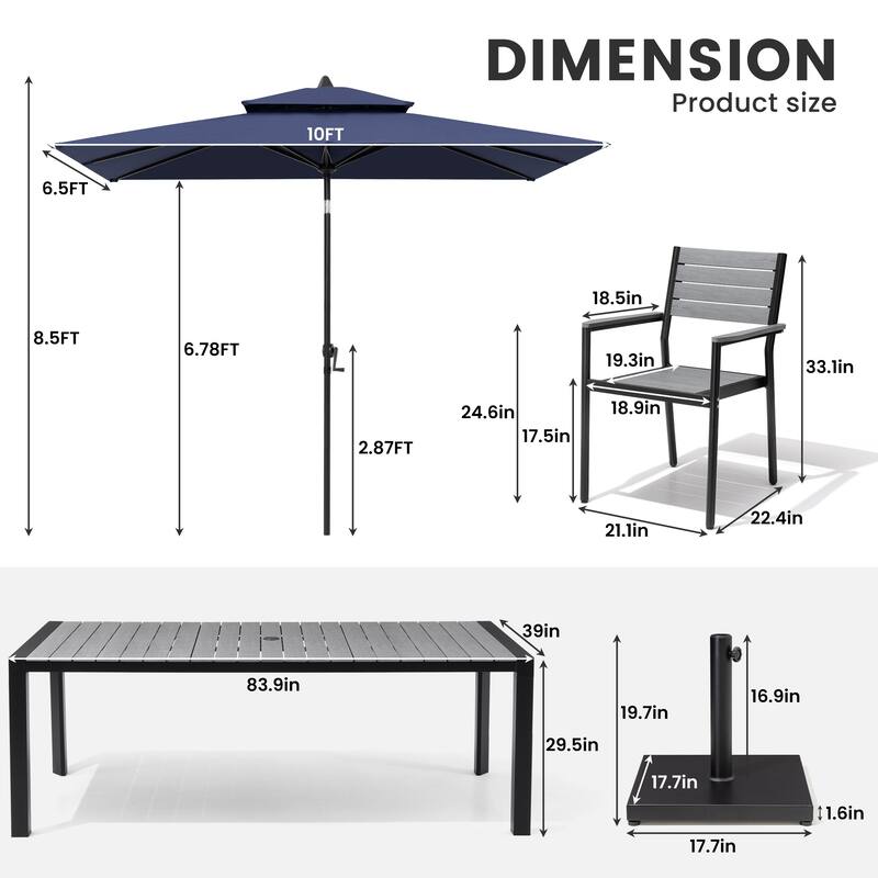 9/11-Piece Outdoor Patio Dining Set Aluminum Dining Table and Stackable Chairs w/10 ft Market Umbrella and Base