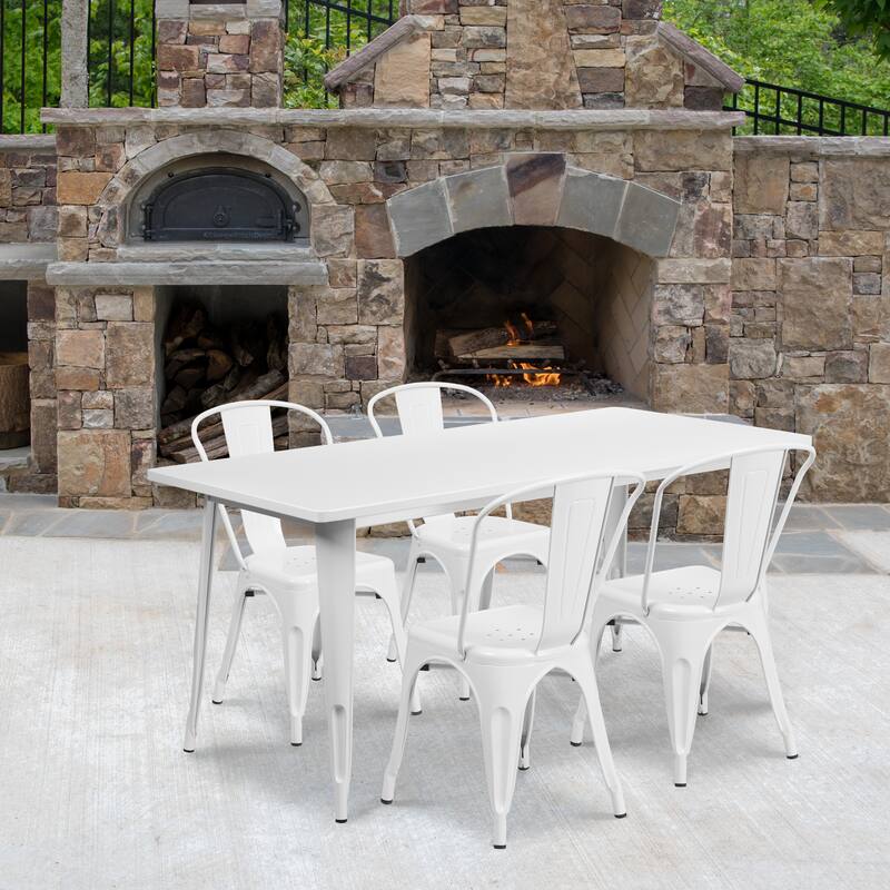 Metal Indoor/ Outdoor Table and Stackable Chair Set - White
