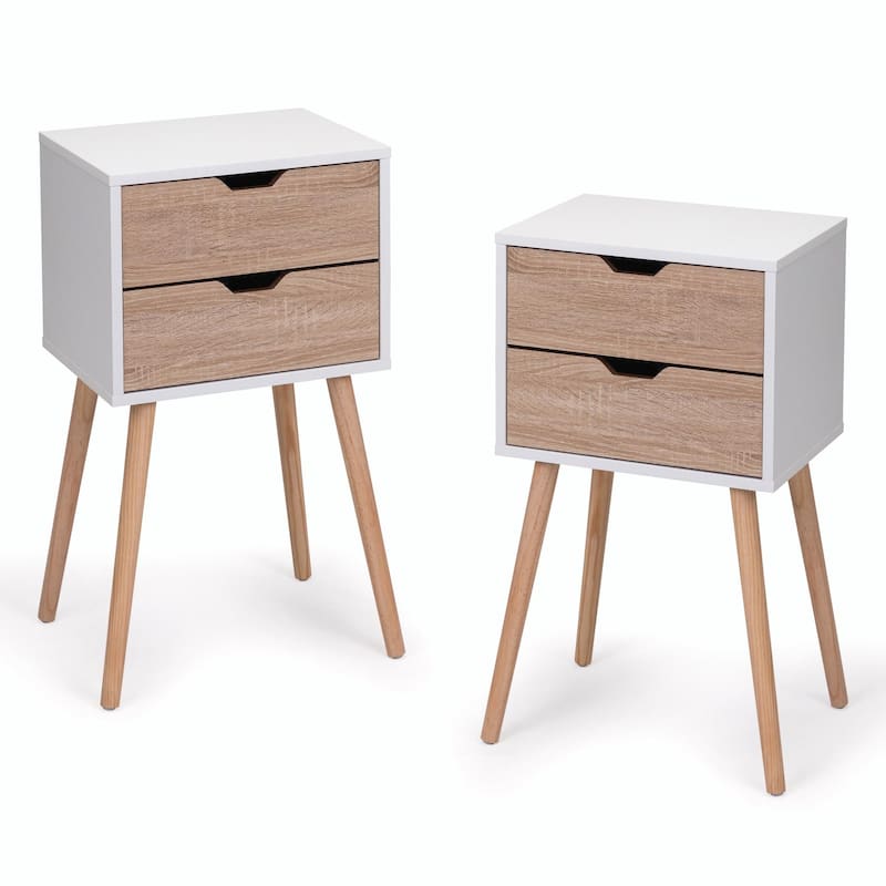 Nightstand with 2 Drawers, Solid Wood Legs, Bedside Table