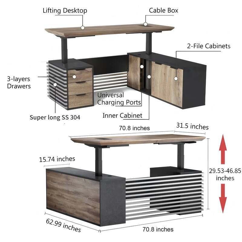 L-Shaped Executive Desk Adjustable Height with Universal Charging Ports Drawers and Cable Management