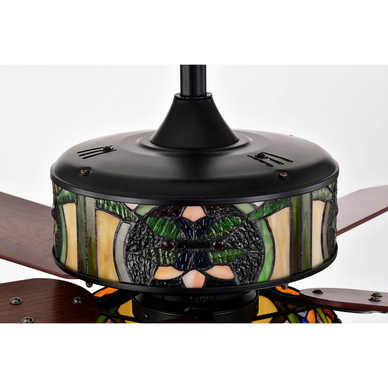 Parponk 52-Inch Flushmount Two-Tiered Lighted Ceiling Fan Green Hatch Tiffany Glass Lamp Black Finish