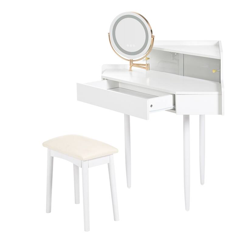 Modern Corner Makeup Vanity Desk with Large Storage,LED Mirror & Stool