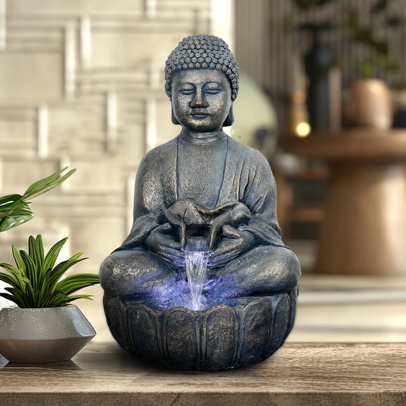 Buddha Fountain w/Light 28.3in Buddha Statue Water Fountain for Garden