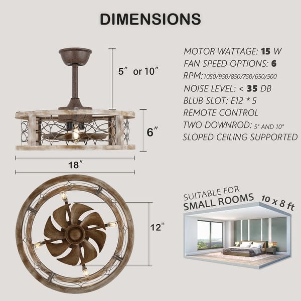 18" Ceiling Fan Light, 4-Light Farmhouse Antique Wood Light, Quiet Motor w 3 Speed & Aged Steel Frame for Bedroom, Dining Room