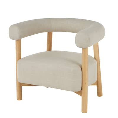 Polyester Curved Back Mid Century Modern Round Boucle Accent Chair with Light Brown Wood Frame - Beige - Roche River Decor