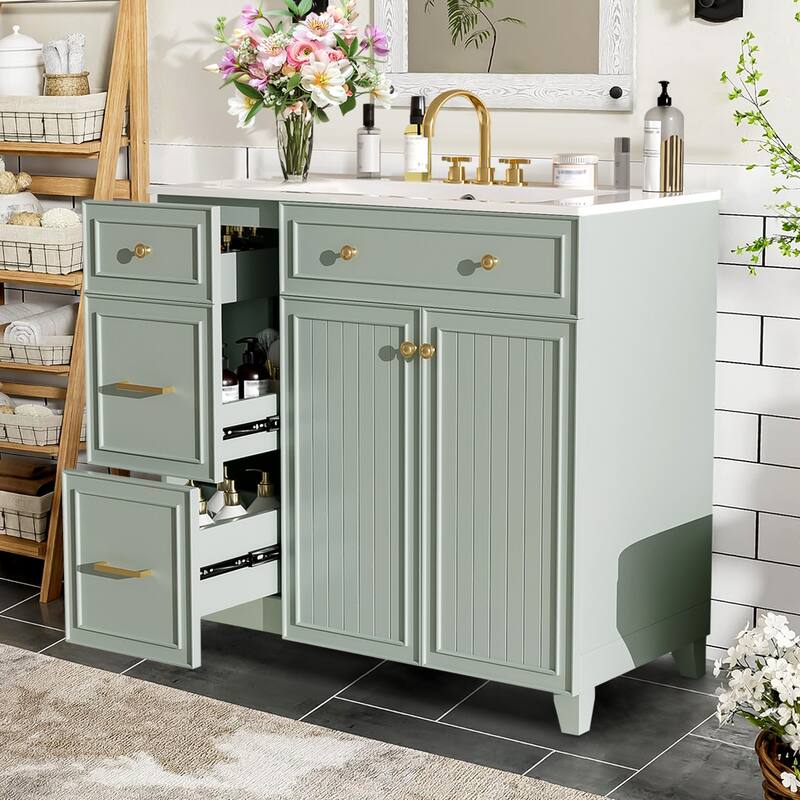 36" Bathroom Vanity with Ceramic Sink,Standard and Double-Layer Drawers