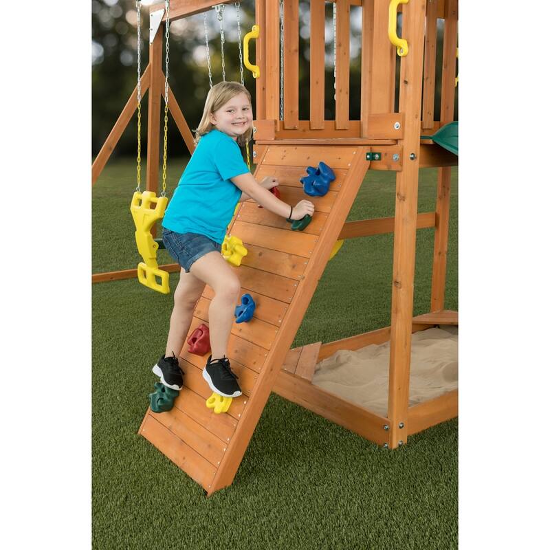 Sky View Wooden Swing Set with Slide, Glider, Picnic Table, and Playset Accessories