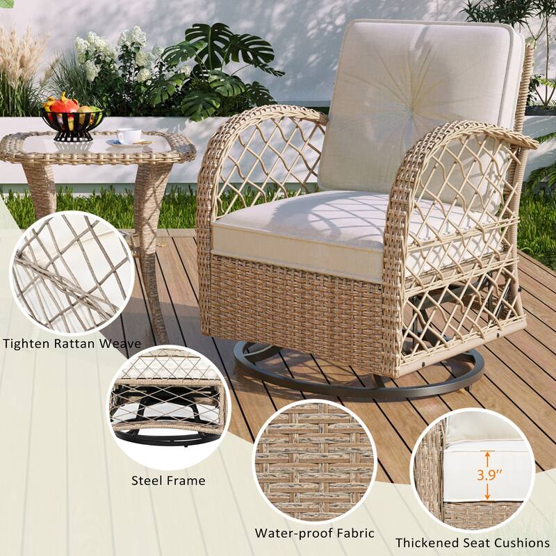 3-Piece Outdoor Rattan Seating Group with 2 Swivel Chairs & 1 Square Table