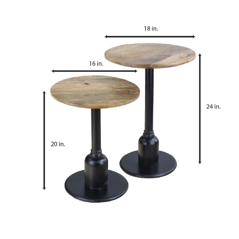 Set of 2 Round Accent Tables - Solid Mango Wood Tops and Sturdy Metal Frames