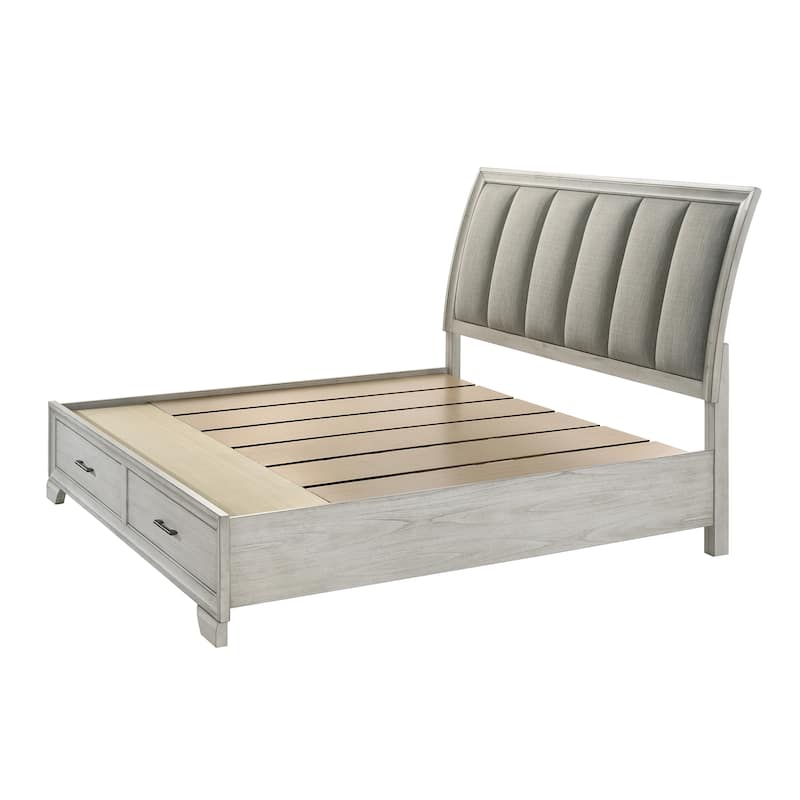 Queen Storage Platform Bed with Upholstered Headboard and Storage Drawers in White Mist