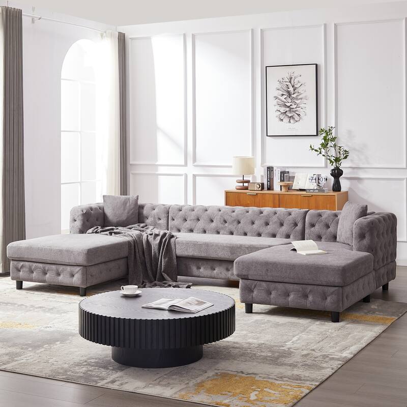 U-Shaped Chenille Sofa with Two Chaise Longue Seats and Pillows.