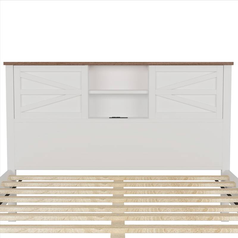 Queen Size Rustic Wood Platform Bed with Double Sliding Barn Door and Charging Station