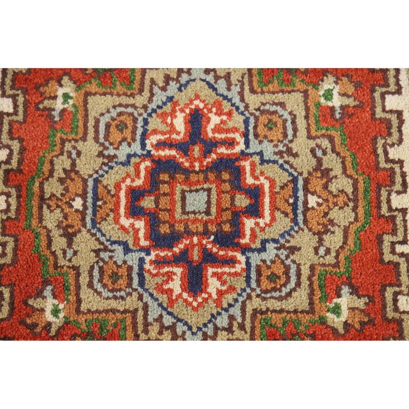 Hand Knotted Oriental 100% Wool Carpet Traditional Geometric Oranges & Rust Heriz (serapi) Runner Rug - 10' 0'' X 2' 6''
