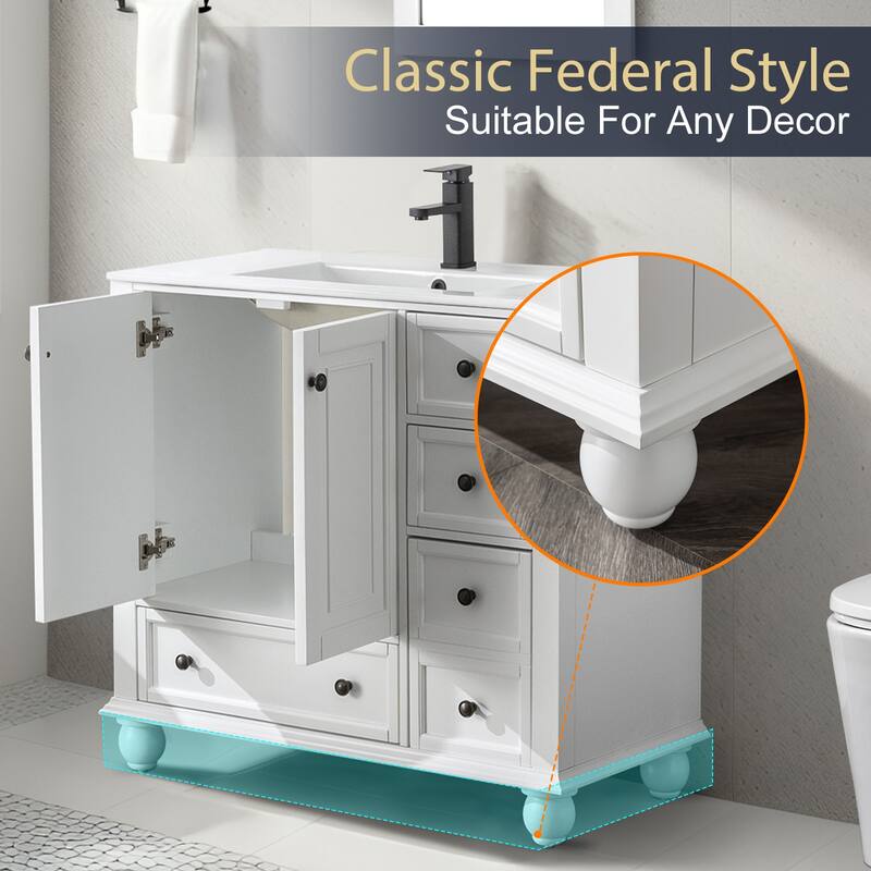 Retro Bathroom Vanity Cabinet Solid Wood Classic with Ceramic Sink