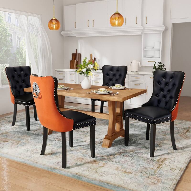 Tufted Naliheads Solid Wood Upholstered Dining Chairs (Set of 4) - BlackOrange BlackLegs