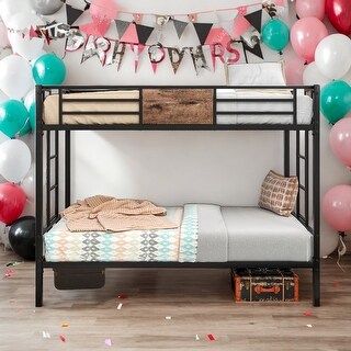 Twin Over Twin Metal Bunk Bed With Ladder And Full-Length Guardrail,Storage Space
