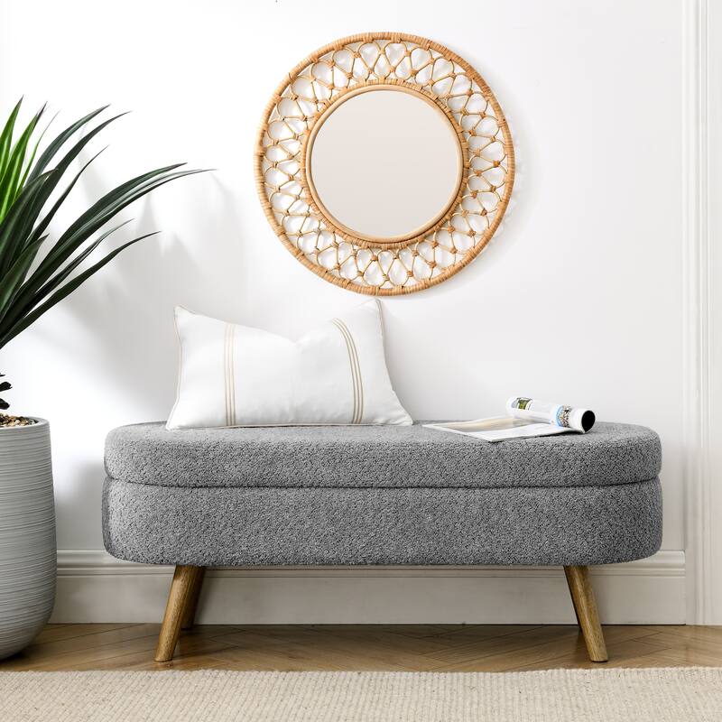 Oval Storage Ottoman Bench, Decorative End of Bed Bench 43.5 Inches Upholstered Storage Ottoman with Solid Wood Legs