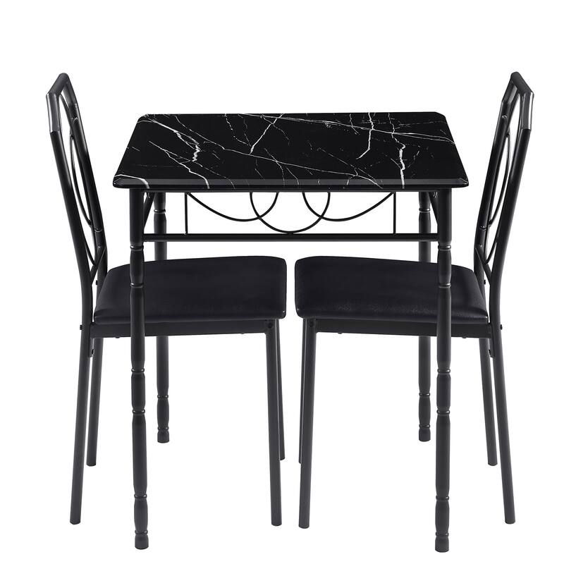 VECELO Industrial 3-Piece Space-Saving Square Dining Set MDF Table with Black PU Leather Dining Chairs Small Spaces