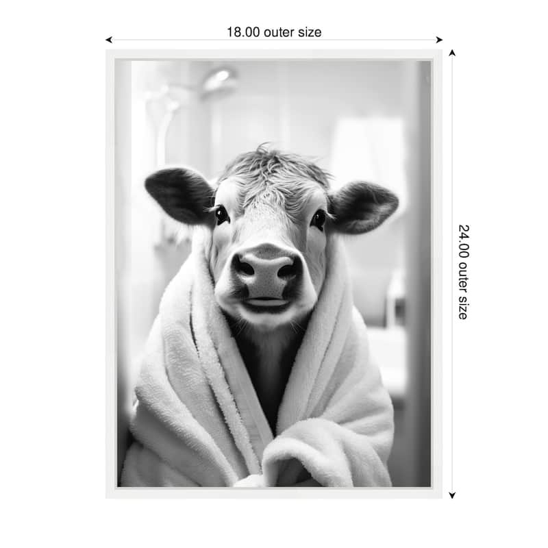 Kate and Laurel Sylvie Cow Bathroom Art Towel Robe Black and White Framed Canvas by The Creative Bunch Studio