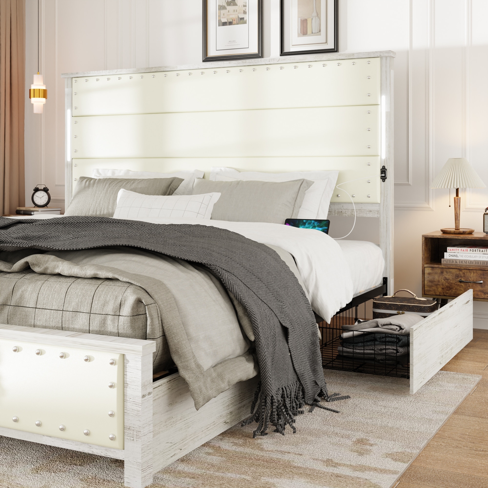 Storage Platform Bed Metal Support Wood Slats Bed Frame, Headboard with Touch Light Belt, Under-bed 4 Drawers, Rivets-Decorated