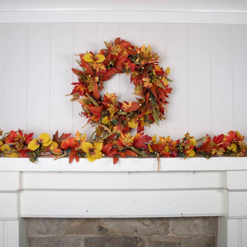 24 in. Holiday Wreath with Lights - Fall Harvest Leaf - 30 Inch