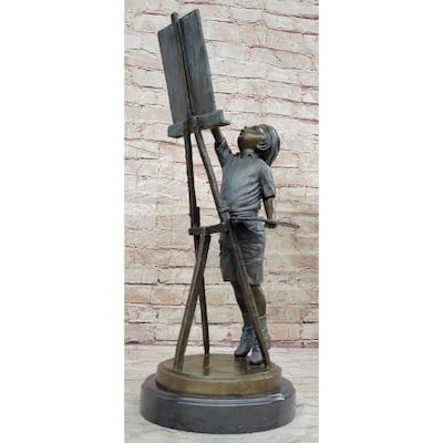 Young Boy Painting On Easel W/ Pallet - Bronze Sculpture Statue Art Teacher Gift Decor