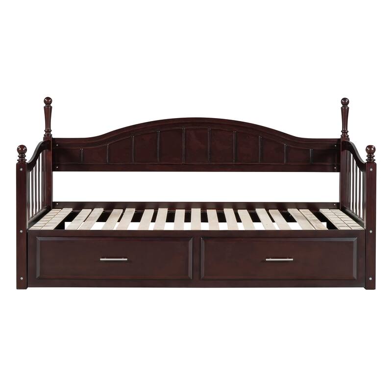 Twin Size Wooden Daybed with Two Storage Drawers and Trundle for Bedroom