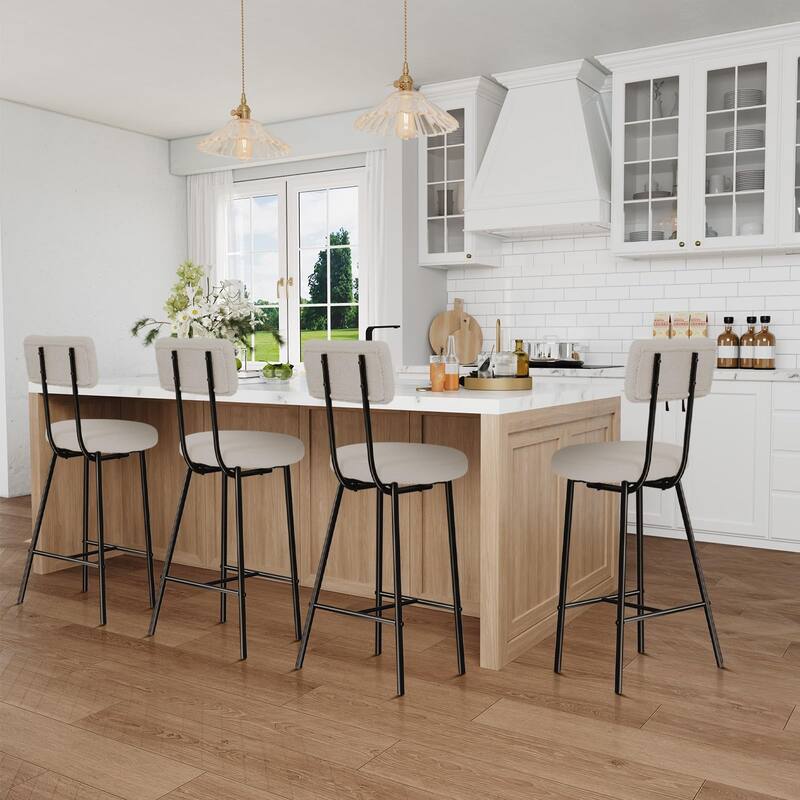Boucle Upholstered Bar Stools Set of 2, Modern Counter Height Bar Chairs with High Back, Footrest and Metal Leg