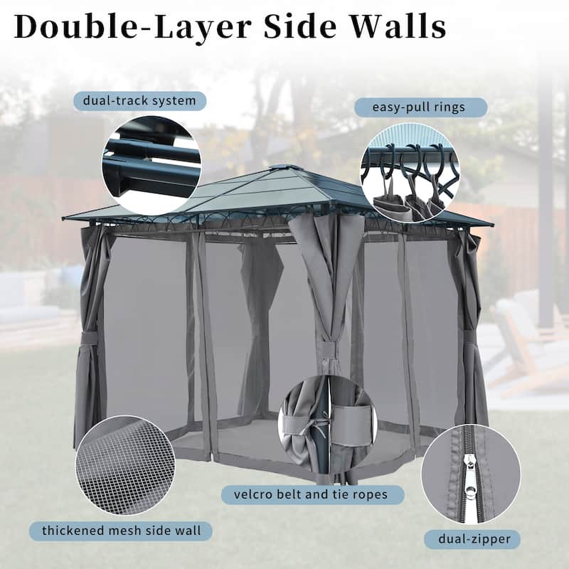 10'x10' Hardtop Gazebo - Polycarbonate Roof, Aluminum Frame, Mosquito Net & Privacy Screens for Shade & Rain