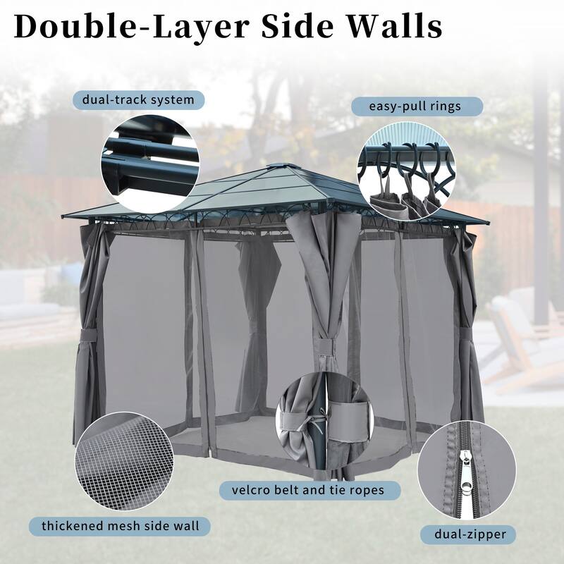 10'x10' Hardtop Outdoor Gazebo with Polycarbonate Roo, Netting & Privacy Screens, Patio Gazebo with Aluminum Frame