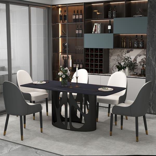 slide 2 of 41, Cuve Edge Rectangle Dining Table Kitchen Table, Slate Table Top With Blakc Metal Pedestal Black - 70.86"