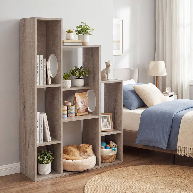 Gymax Modern Cat Bookshelf w/ 2 Round Holes Anti-Tipping Device for