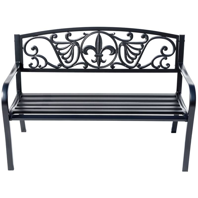Ornate Backrest Outdoor Garden Bench with Curved Armrests - 50" - Black