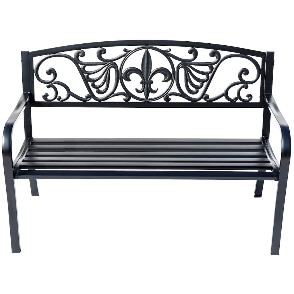 Ornate Backrest Outdoor Garden Bench with Curved Armrests - 50" - Black
