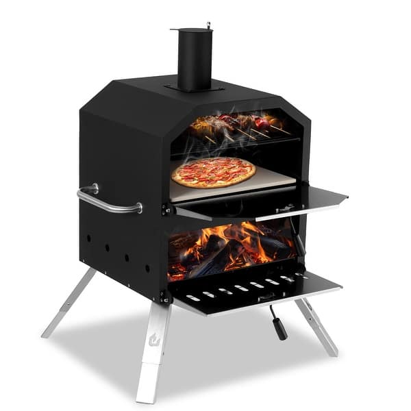 slide 2 of 10, 2-Layer Outdoor Pizza Oven Wood Fired Pizza Maker Outside Pizza Grill for Camping - 16 inch Black