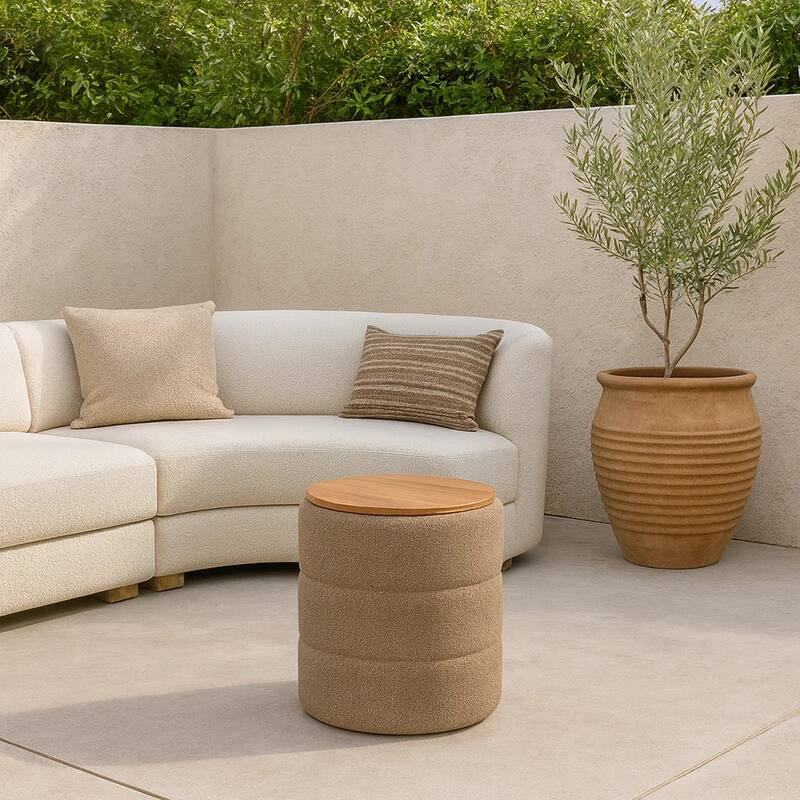 Mona Storage Ottoman, 19 Inch Round Lift Top, Channeled Brown Boucle