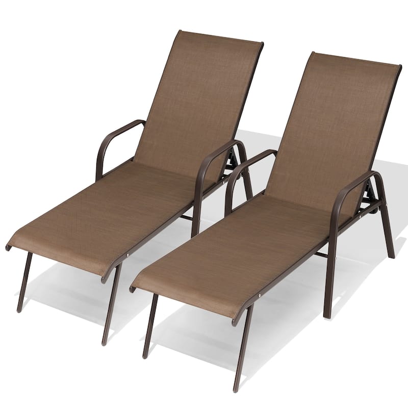 Crestlive Products Outdoor Adjustable Reclining Chaise Lounge Chair with Armrest - Brown - 2PC