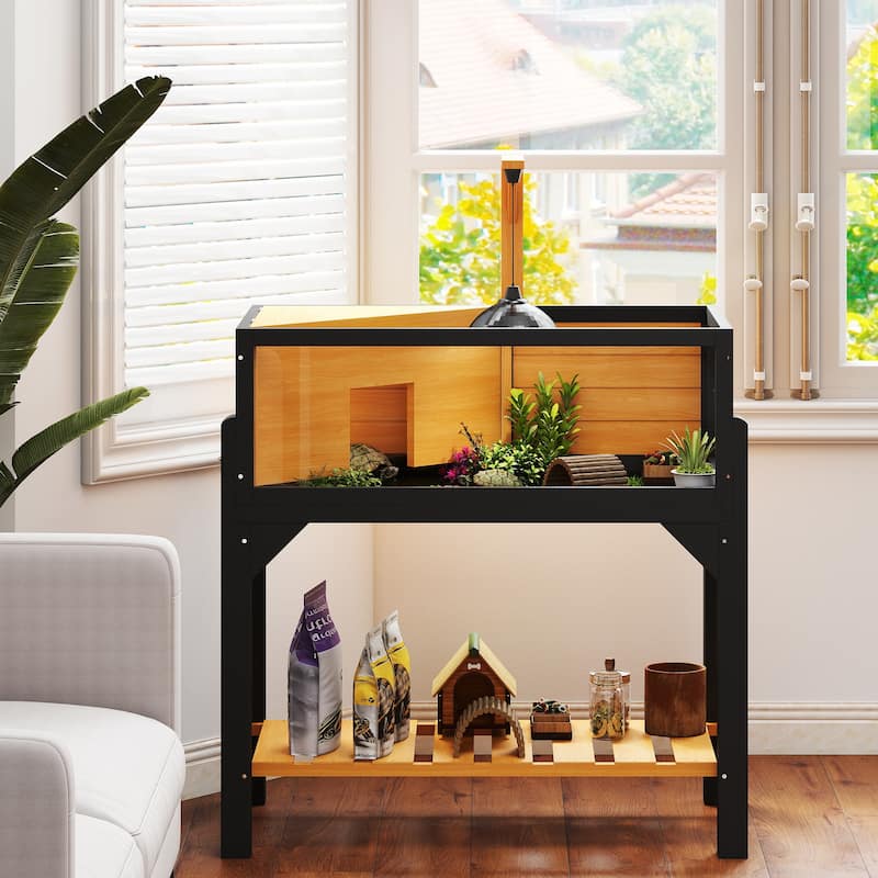 PawHut Tortoise Habitat with Storage Shelf, Wooden Tortoise Enclosure with Clear Windows, Lamp Holder, Openable Top