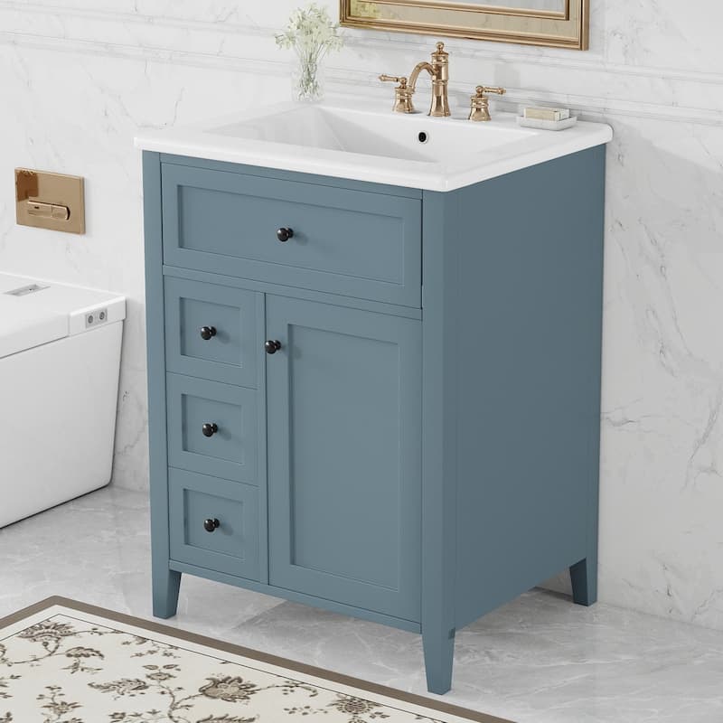 24" Gray Blue Bathroom Vanity with Sink, MDF & Rubberwood Construction, 3 Drawers & Cabinet with Adjustable Shelves