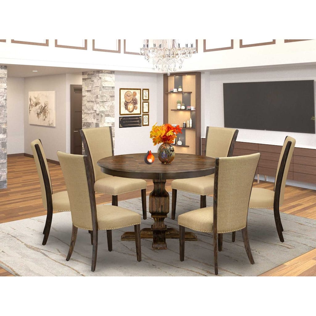 HomeStock 7-Piece Distressed Jacobean Finish Solid Wood Top Dining Table with 6 Parson Chairs