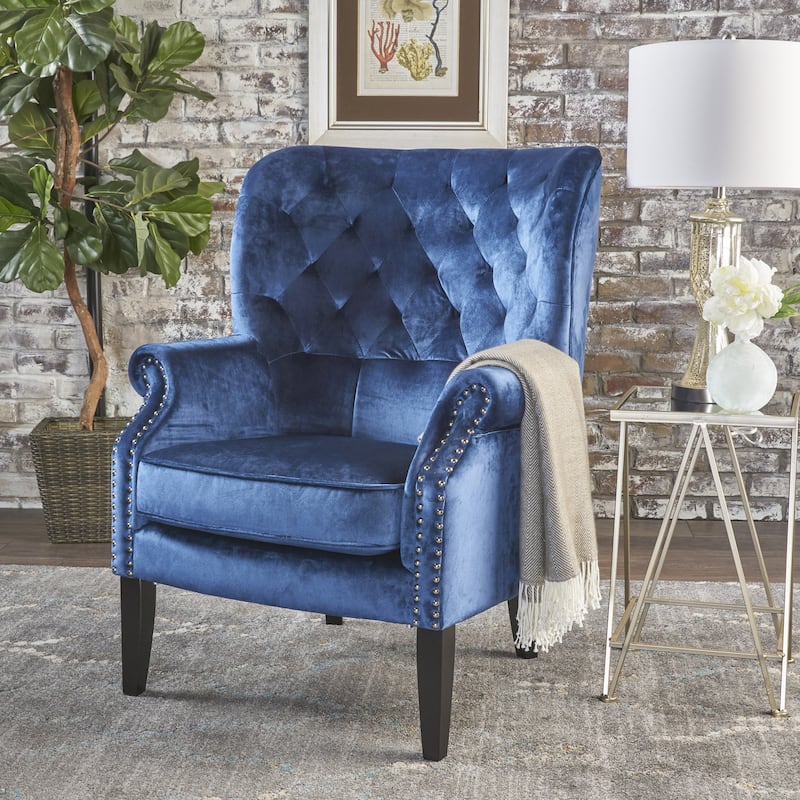 Modern 32" High Back Velvet Upholstered Button Tufted Club Chair with Birch Wood Legs and Nailheads