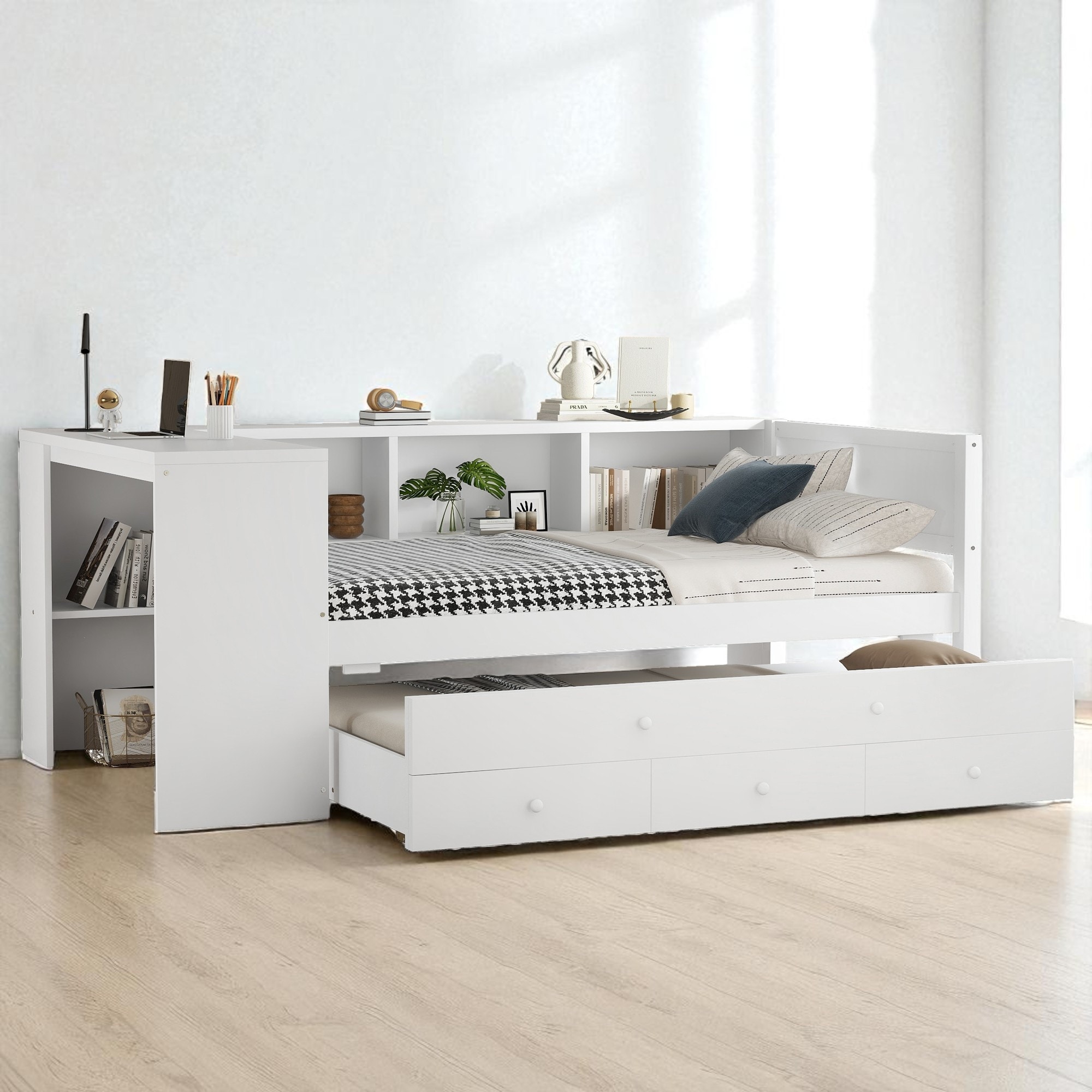 Twin/Full Size Wood Daybed with Trundle, Storage Drawers, Shelves and Built-in Desk, No Box Spring Needed
