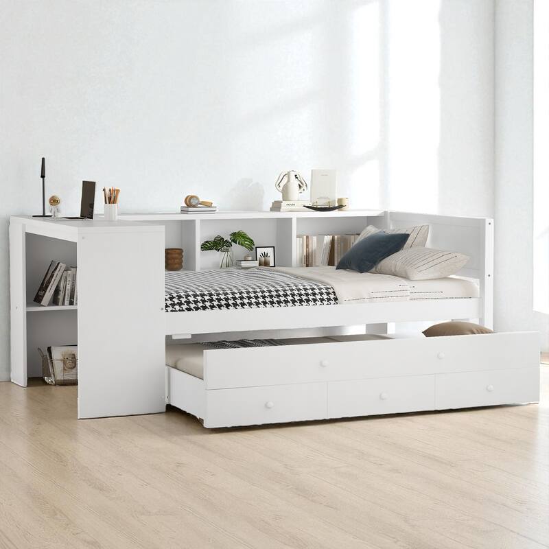 Twin/Full Size Wood Daybed with Trundle, Storage Drawers, Shelves and Built-in Desk, No Box Spring Needed - White - Twin