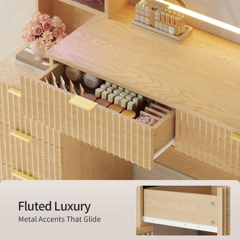 Makeup Vanity Desk Mirror LED Lights Charging Station RGB Lights Drawers Cabinet
