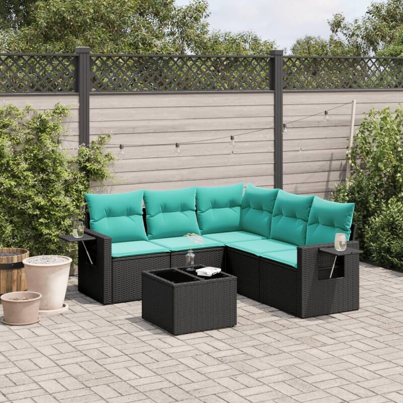 vidaXL Patio Sofa Set with Cushions Outdoor Conversation Furniture Poly Rattan - 24.4 x 24.4 x 27.2 - Black and Blue-With table