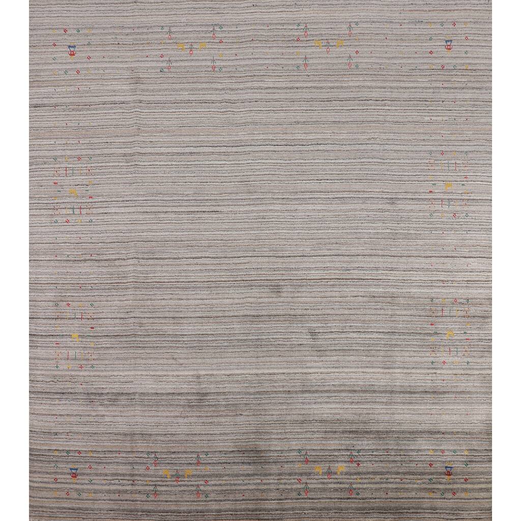 Earth Tone Striped Gabbeh Square Area Rug Hand-Knotted Wool Carpet - 8'0" X 7'10"