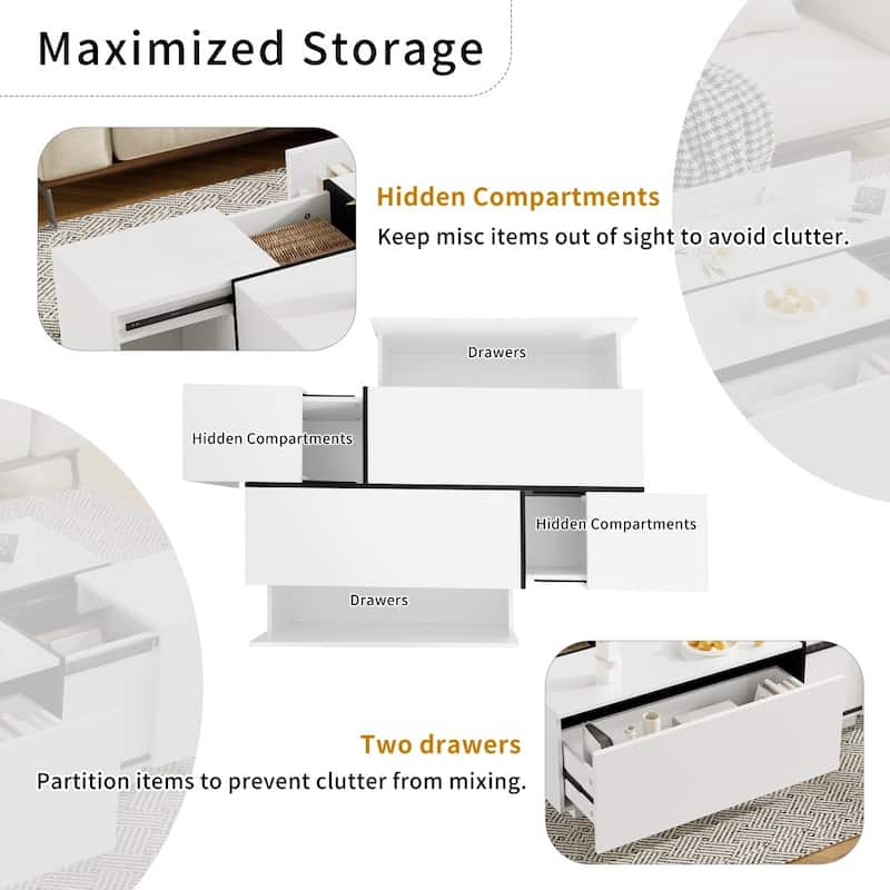 47.2''-72.7'' Modern Multi-functional Extendable Coffee Table with High-gloss Finish and 2 Hidden Storage Space