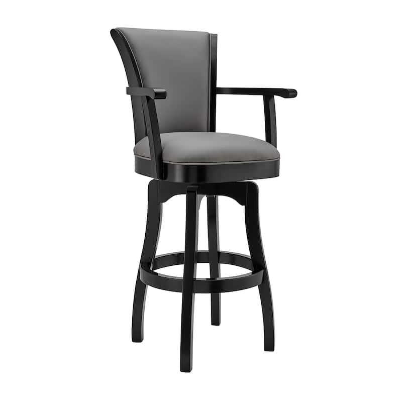 Raleigh Grey Faux Leather & Black Wood Swivel Bar/Counter Stool with Arms