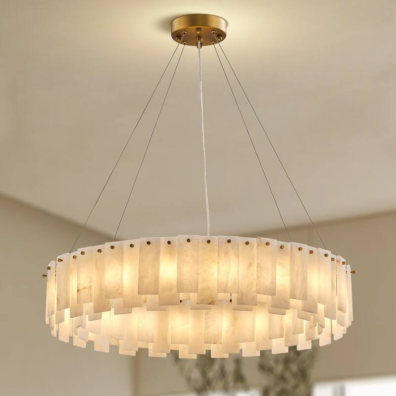 Modern Layered Alabaster Slice Chandelier, Round or Linear Pendant Light, D600-L1200 - Gold - 32in