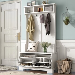 Hall Tree with 3 Top Shelves & 2 Flip Shoe Storage Drawers with Bench ...